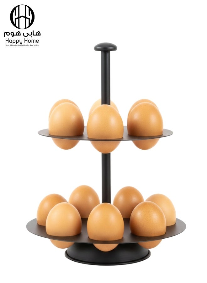 هابي هوم منظم بيض ثابت بطبقتين من المعدن – حامل تخزين البيض للمطبخ بتصميم دائري موفر للمساحة، الطابق الأول يسع 7 بيضات والطابق الثاني يسع 5 بيضات، مع قاعدة ثابتة ومقبض علوي، مناسب لطاولة المطبخ أو داخل الثلاجة، تصميم أنيق باللون الأسود - Image 1